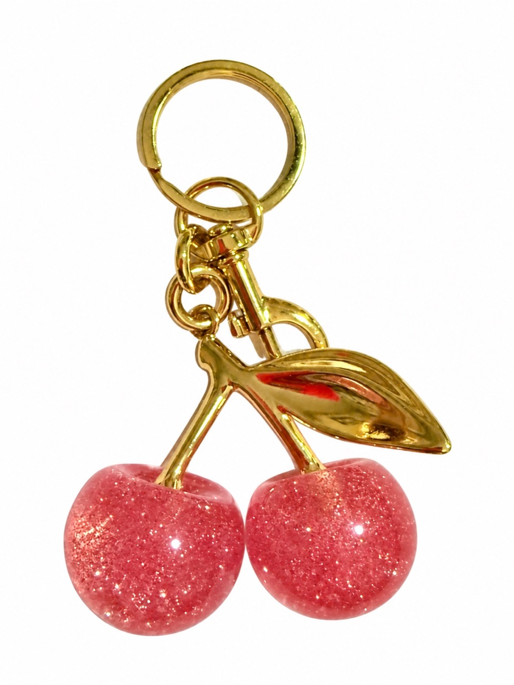 Pink Glitter Cherry Purse Charm Keychain Gold Tone Bag Charm
